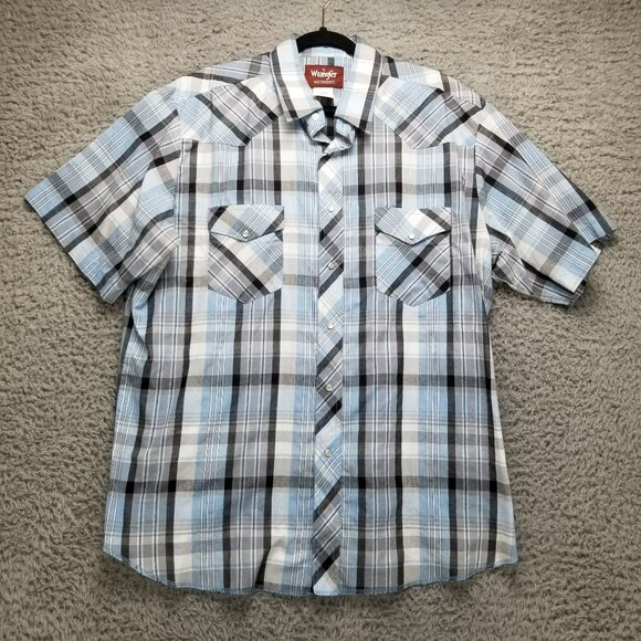Wrangler Shirt Mens XL Blue Plaid Western Pearl Snap Short Sleeve *Read* - Picture 1 of 10